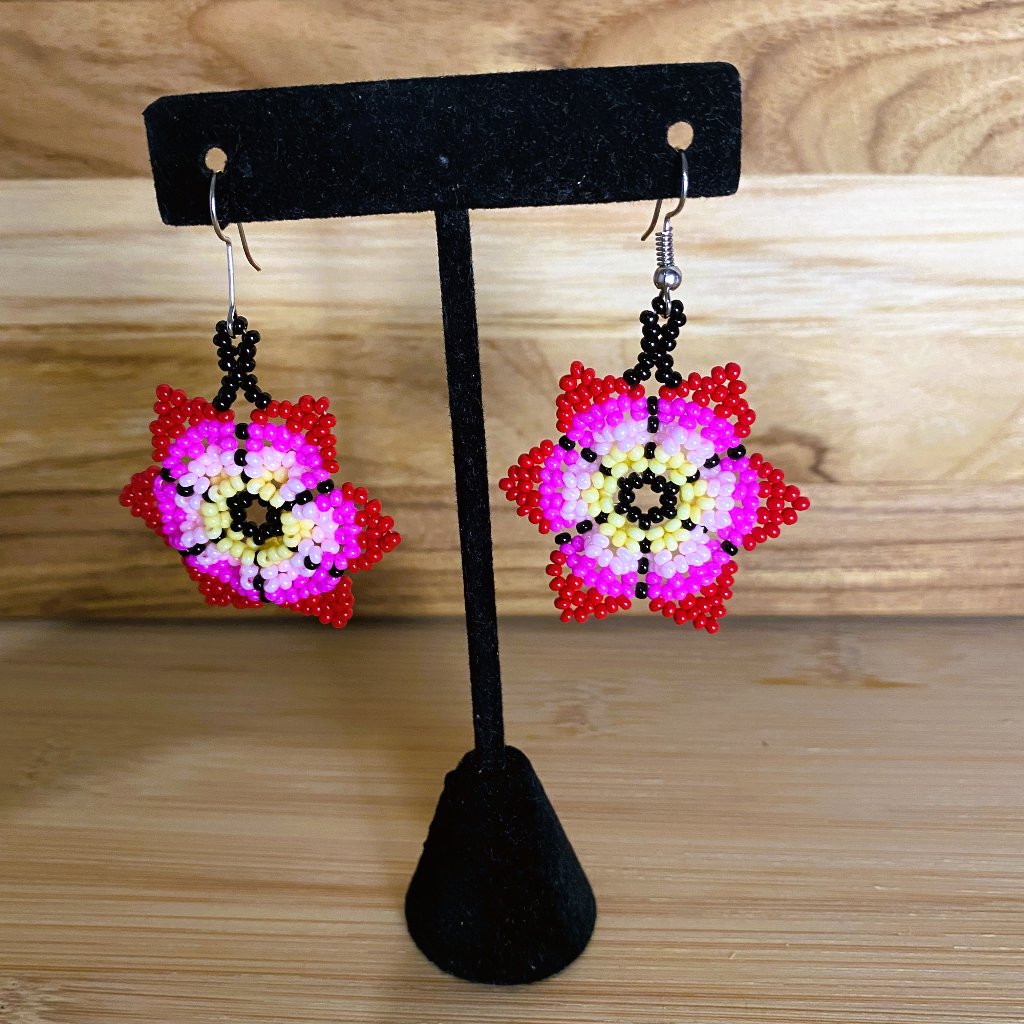 Small Hand-Made Huichol Earrings - Red/Pink